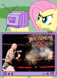 Size: 445x600 | Tagged: safe, imported from derpibooru, fluttershy, batista, dave bautista, exploitable meme, meme, obligatory pony, royal rumble, tv meme, wwe