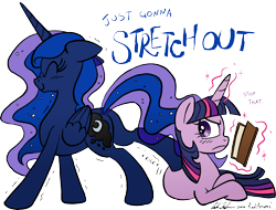 Size: 6267x4756 | Tagged: safe, artist:redapropos, imported from derpibooru, princess luna, twilight sparkle, absurd resolution, annoyed, book, butt, magic, plot, scrunchy face, stretching, twilight is not amused, twilight sparkle is not amused, unamused