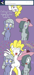 Size: 650x1402 | Tagged: safe, artist:atlur, deleted from derpibooru, imported from derpibooru, limestone pie, marble pie, surprise, ask the pie sisters, ask, comic, confetti, dialogue, g1, g1 to g4, generation leap, hat, tumblr