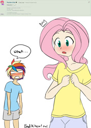 Size: 755x1057 | Tagged: safe, artist:kprovido, imported from derpibooru, fluttershy, rainbow dash, human, blushing, breast reduction, breasts, delicious flat chest, deviantart, dialogue, duo, flattershy, humanized, light skin, observer, pun, request