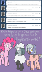 Size: 650x1104 | Tagged: safe, artist:atlur, deleted from derpibooru, imported from derpibooru, limestone pie, marble pie, pinkie pie, pig, sheep, ask the pie sisters, ask, clothes, costume, tumblr