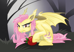 Size: 900x636 | Tagged: safe, artist:keyfeathers, imported from derpibooru, fluttershy, bat pony, pony, bats!, apple, female, flutterbat, race swap, solo