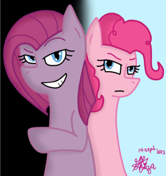 Size: 700x741 | Tagged: safe, artist:pinkamenad, imported from derpibooru, pinkie pie, duality, duo, pinkamena diane pie