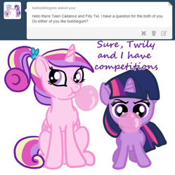 Size: 908x912 | Tagged: safe, artist:kuromi, imported from derpibooru, princess cadance, twilight sparkle, alicorn, unicorn, blowing, bubblegum, cute, filly, filly twilight sparkle, teen princess cadance, tumblr