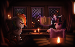 Size: 3360x2100 | Tagged: safe, artist:i-am-knot, imported from derpibooru, rainbow dash, twilight sparkle, alicorn, pony, battle lords, book, candle, dark, female, game, golden oaks library, interior, magic, mare, night, playing, reading, table, tabletop game, twilight sparkle (alicorn), window