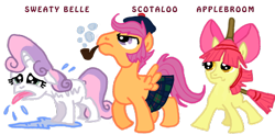 Size: 900x443 | Tagged: safe, artist:bluebauble, imported from derpibooru, apple bloom, scootaloo, sweetie belle, earth pony, pegasus, pony, unicorn, apple broom, broom, bubble pipe, cutie mark crusaders, female, filly, kilt, name pun, pipe, plewds, pun, rouge angles of satin, scotaloo, scottaloo, sweat, sweatie belle, trio