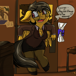 Size: 1000x1000 | Tagged: safe, artist:arnachy, imported from derpibooru, a.k. yearling, daring do, anthro, unguligrade anthro, daring don't, adorkable, breasts, cleavage, clothes, cute, dialogue, door, dork, female, glasses, indiana jones, meganekko, miniskirt, pantyhose, reference, shoes, skirt, speech bubble, tube skirt