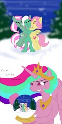 Size: 496x987 | Tagged: safe, imported from derpibooru, fizzy, fluttershy, minty, princess celestia, pony, bipedal, comic, g1, g3, hug, pinklestia, snow, snowfall