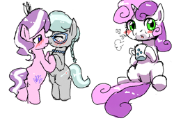 Size: 706x499 | Tagged: safe, artist:yajima, imported from derpibooru, diamond tiara, silver spoon, sweetie belle, blushing, boop, drinking, female, glasses, lesbian, noseboop, shipping, silvertiara