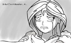 Size: 1024x619 | Tagged: safe, artist:ratherdevious, imported from derpibooru, spike, sunset shimmer, human, crying, female, humanized, implied spike, male, monochrome, shipping, straight, sunsetspike