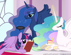 Size: 650x500 | Tagged: safe, artist:mixermike622, imported from derpibooru, princess celestia, princess luna, twilight sparkle, alicorn, pony, book, cake, female, mare, missing accessory, reading, twilight sparkle (alicorn)