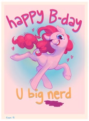 Size: 1280x1740 | Tagged: safe, artist:purmu, imported from derpibooru, pinkie pie, earth pony, pony, birthday card, card, female, happy, happy birthday, mare, nerd, one eye closed, solo, wink