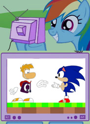 Size: 438x599 | Tagged: safe, imported from derpibooru, rainbow dash, exploitable meme, meme, obligatory pony, rayman, sonic the hedgehog, sonic the hedgehog (series), tv meme