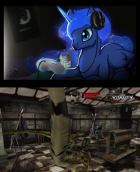 Size: 1280x1573 | Tagged: safe, imported from derpibooru, princess luna, velociraptor, gamer luna, 7-eleven, dino crisis, game, headphones, playing, slurpee, video game