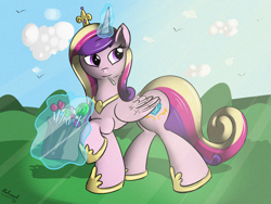 Size: 2000x1500 | Tagged: safe, artist:malamol, imported from derpibooru, princess cadance, bird, candy, cloud, cloudy, female, lollipop, magic, sky, solo, telekinesis