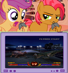 Size: 751x800 | Tagged: safe, imported from derpibooru, babs seed, scootaloo, 1999, dreamworks, exploitable meme, game, interactive, jurassic park, meme, obligatory pony, playing, tv meme, versus, video game, warpath