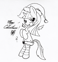 Size: 1485x1594 | Tagged: safe, artist:dereklestrange, imported from derpibooru, twilight sparkle, alicorn, pony, christmas, clothes, female, floating wings, hat, holly, holly mistaken for mistletoe, monochrome, santa hat, solo, stockings, traditional art, twilight sparkle (alicorn), wings