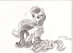 Size: 3504x2552 | Tagged: safe, artist:dereklestrange, imported from derpibooru, bon bon, octavia melody, sweetie drops, earth pony, pony, clothes, costume, duo, hatching (technique), monochrome, superhero, traditional art