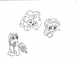 Size: 3324x2552 | Tagged: safe, artist:dereklestrange, imported from derpibooru, apple bloom, applejack, pinkie pie, pony, alternate hairstyle, dreadlocks, monochrome, traditional art