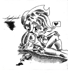 Size: 1268x1364 | Tagged: safe, artist:dereklestrange, imported from derpibooru, applejack, human, cider, hatching (technique), humanized, monochrome, solo, traditional art