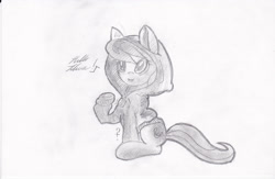 Size: 2552x1664 | Tagged: safe, artist:dereklestrange, imported from derpibooru, octavia melody, earth pony, pony, clothes, female, happy, hi, hoodie, monochrome, solo, traditional art