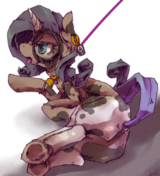 Size: 800x883 | Tagged: safe, artist:kolshica, imported from derpibooru, rarity, cow, cow pony, pony, unicorn, animal costume, bell, bell collar, bodysuit, clothes, collar, costume, cow costume, cow suit, cowbell, cutie mark accessory, cutie mark ear tags, ear tag, female, leash, open mouth, pet play, raricow, solo, tongue out, underhoof