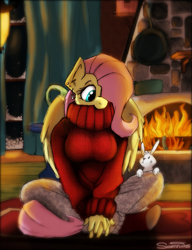 Size: 2005x2607 | Tagged: safe, artist:somnias, imported from derpibooru, angel bunny, fluttershy, anthro, breasts, busty fluttershy, clothes, female, fire, snow, socks, sweater, sweatershy, winter