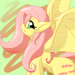 Size: 1000x1000 | Tagged: safe, artist:ragurimo, imported from derpibooru, fluttershy, bat pony, pony, bats!, cute little fangs, fangs, female, flutterbat, looking at you, looking back, pixiv, race swap, solo, spread wings