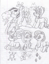 Size: 784x1020 | Tagged: safe, artist:toon-n-crossover, imported from derpibooru, applejack, fluttershy, pinkie pie, rainbow dash, rarity, twilight sparkle, cutie mark, generosity, honesty, kindness, laughing, loyalty, magic, mane six, monochrome, reference sheet, requested art, sketch dump, speech bubble