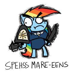 Size: 500x500 | Tagged: artist needed, safe, imported from derpibooru, rainbow dash, bolter, chainsword, dawn of awesome, dawn of war, female, indrick boreale, pun, simple background, solo, spess mahreen, warhammer (game), warhammer 40k, white background