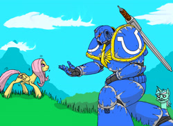 Size: 4668x3400 | Tagged: artist needed, safe, imported from derpibooru, fluttershy, lyra heartstrings, crossover, crying, me gusta, power armor, power sword, powered exoskeleton, space marine, spess mahreen, ultramarine, ultrasmurf, warhammer (game), warhammer 40k