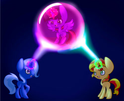 Size: 1424x1168 | Tagged: safe, artist:le-poofe, imported from derpibooru, sunset shimmer, trixie, twilight sparkle, alicorn, pony, unicorn, counterparts, magic, magical trio, twilight sparkle (alicorn), twilight's counterparts