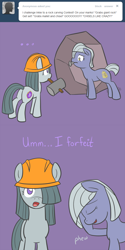 Size: 650x1300 | Tagged: safe, artist:atlur, deleted from derpibooru, imported from derpibooru, limestone pie, marble pie, ask the pie sisters, ask, chisel, comic, hammer, hard hat, hat, mouth hold, rock, tumblr