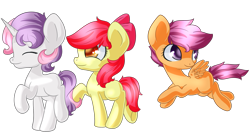 Size: 2000x1100 | Tagged: safe, artist:rue-willings, imported from derpibooru, apple bloom, scootaloo, sweetie belle, cute, cutealoo, cutie mark crusaders, eyes closed