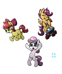 Size: 1872x2208 | Tagged: safe, artist:mrs1989, imported from derpibooru, apple bloom, scootaloo, sweetie belle, earth pony, pegasus, pony, unicorn, apple bloom's bow, bipedal, bipedal leaning, blank flank, bow, cutie mark crusaders, eyes closed, female, filly, foal, hair bow, leaning, open mouth, scooter, signature, simple background, spread wings, transparent background, trio, wings