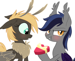 Size: 1154x947 | Tagged: safe, artist:equestria-prevails, imported from derpibooru, oc, oc only, oc:echo, bat pony, mothpony, original species, pony, /mlp/, :t, blushing, cute, fangs, female, floppy ears, fluffy, frown, hoof hold, interspecies, lesbian, moth pony general, nose wrinkle, open mouth, scrunchy face, simple background, surprised, transparent background, tsundere