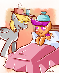 Size: 804x1000 | Tagged: safe, artist:php52, imported from derpibooru, derpy hooves, scootaloo, pegasus, pony, bed, blanket, bowl, cup, drink, female, ice pack, mare, pillow, red nosed, sick, soup, water