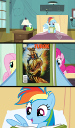 Size: 1280x2173 | Tagged: safe, imported from derpibooru, rainbow dash, dinosaur, acclaim, book, comic, comics, game, hunter, meme, reading rainbow, turok, variant, video game