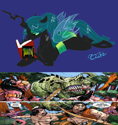 Size: 900x959 | Tagged: safe, artist:cosmic-rust, edit, imported from derpibooru, queen chrysalis, dinosaur, tyrannosaurus rex, acclaim, book, comic, comics, game, hunter, issue, turok, valiant, video game