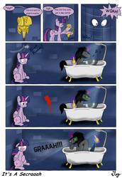 Size: 1100x1600 | Tagged: safe, artist:tikyotheenigma, imported from derpibooru, king sombra, twilight sparkle, alicorn, pony, bathtub, claw foot bathtub, comic, female, mare, shower, twilight scepter, twilight sparkle (alicorn), uh