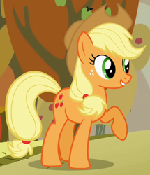 Size: 370x430 | Tagged: safe, imported from derpibooru, screencap, applejack, earth pony, pony, fall weather friends, applejack's hat, cowboy hat, cropped, female, hat, mare, raised hoof, solo, tree