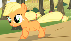 Size: 508x295 | Tagged: safe, imported from derpibooru, screencap, applejack, earth pony, pony, the cutie mark chronicles, cute, female, filly, foal, jackabetes, outfit catalog, running, smiling, solo, tree, younger