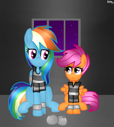 Size: 1800x2000 | Tagged: safe, artist:kikirdcz, imported from derpibooru, rainbow dash, scootaloo, ball and chain, bound wings, clothes, jail, prison, prison outfit, prison stripes, prisoner, prisoner rd, shackles