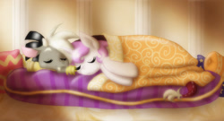 Size: 1522x822 | Tagged: safe, artist:ashleynicholsart, deleted from derpibooru, imported from derpibooru, discord, princess celestia, :o, bed, blanket, cuddling, dislestia, eyes closed, fangs, female, male, on side, shipping, side, sleeping, smiling, snuggling, straight