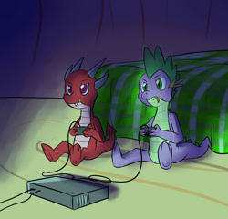 Size: 1655x1591 | Tagged: safe, artist:fuzebox, imported from derpibooru, spike, oc, dragon, baby dragon, bed, controller, male, shadow, sitting, video game