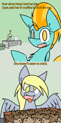 Size: 1280x2559 | Tagged: safe, artist:askincompetentlightningdust, artist:ralek, imported from derpibooru, derpy hooves, lightning dust, pegasus, pony, desk, dialogue, female, mare, muffin, paper, question mark, tongue out, tumblr