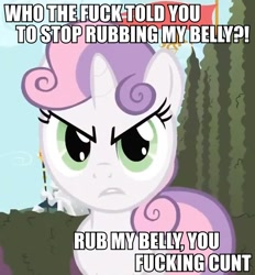 Size: 666x718 | Tagged: safe, imported from derpibooru, sweetie belle, angry, angry belly rubs, bellyrubs, bronybait, female, frown, glare, image macro, looking at you, solo, vulgar