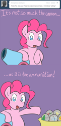 Size: 650x1340 | Tagged: safe, artist:atlur, deleted from derpibooru, imported from derpibooru, pinkie pie, earth pony, pony, ask the pie sisters, ask, comic, female, mare, partillery, party cannon, solo, tumblr