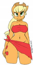 Size: 985x1920 | Tagged: safe, artist:kilo, imported from derpibooru, applejack, anthro, bandeau, belly button, breasts, busty applejack, clothes, female, midriff, sarong, simple background, solo