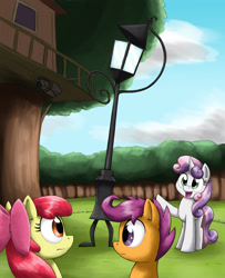 Size: 2353x2903 | Tagged: safe, artist:otakuap, imported from derpibooru, apple bloom, scootaloo, sweetie belle, the lone lampman, oc, oc:fluffy the bringer of darkness, earth pony, giant moth, moth, pegasus, pony, unicorn, three's a crowd, confused, cutie mark crusaders, eye contact, female, filly, frown, lamp, open mouth, pointing, smiling, streetlight